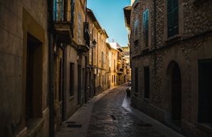 A sunlit cobblestone street framed by colorful local ateliers in a European city