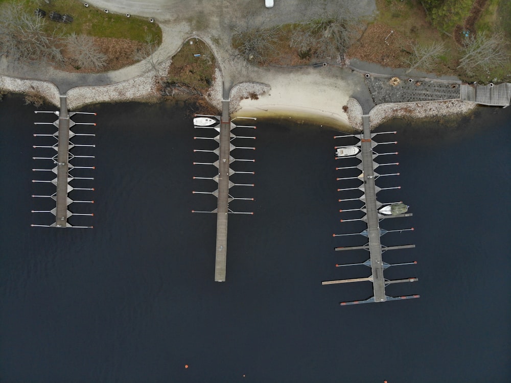 three brown wooden docks