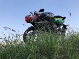 A motorcycle packed with gear stands amidst tall green grass, positioned against a clear blue sky. The red helmet attached to the motorcycle adds a pop of color, and the vehicle appears ready for a journey or adventure.