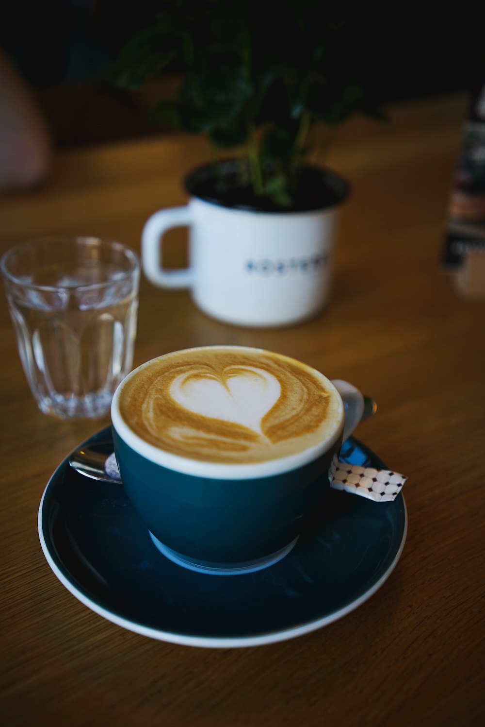 served coffee on brown wooden surface