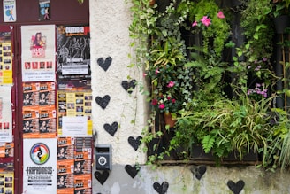 A wall covered in concert posters and flyers on the left side, featuring various events and artists. On the right side, a window displays a lush arrangement of green plants and colorful flowers, creating a vibrant contrast. Black heart shapes decorate the white wall, adding an artistic touch.