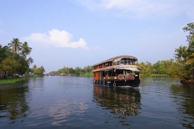 A vibrant Kerala houseboat gently floating on serene backwaters lined with palm trees.