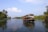 A traditional houseboat navigating through a serene waterway, surrounded by lush greenery and palm trees. The blue sky has scattered clouds and the water reflects the natural scenery.