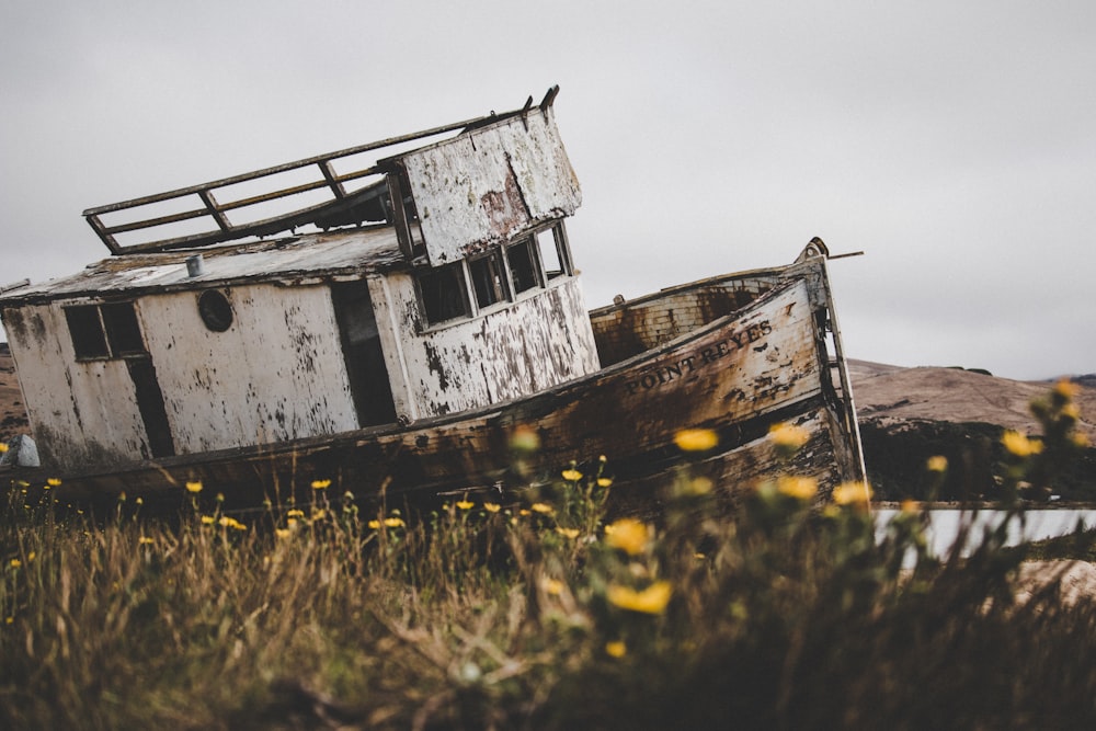 selective focus photography of abandoned tugboat on body of water during daytime