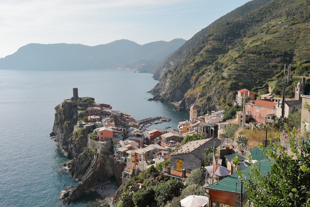 high angle view of village on cliff