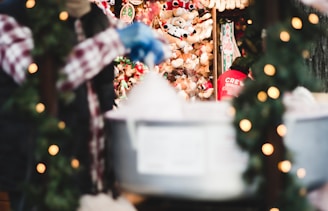 selective focus photography of assorted plush toys beside person wearing red shirt