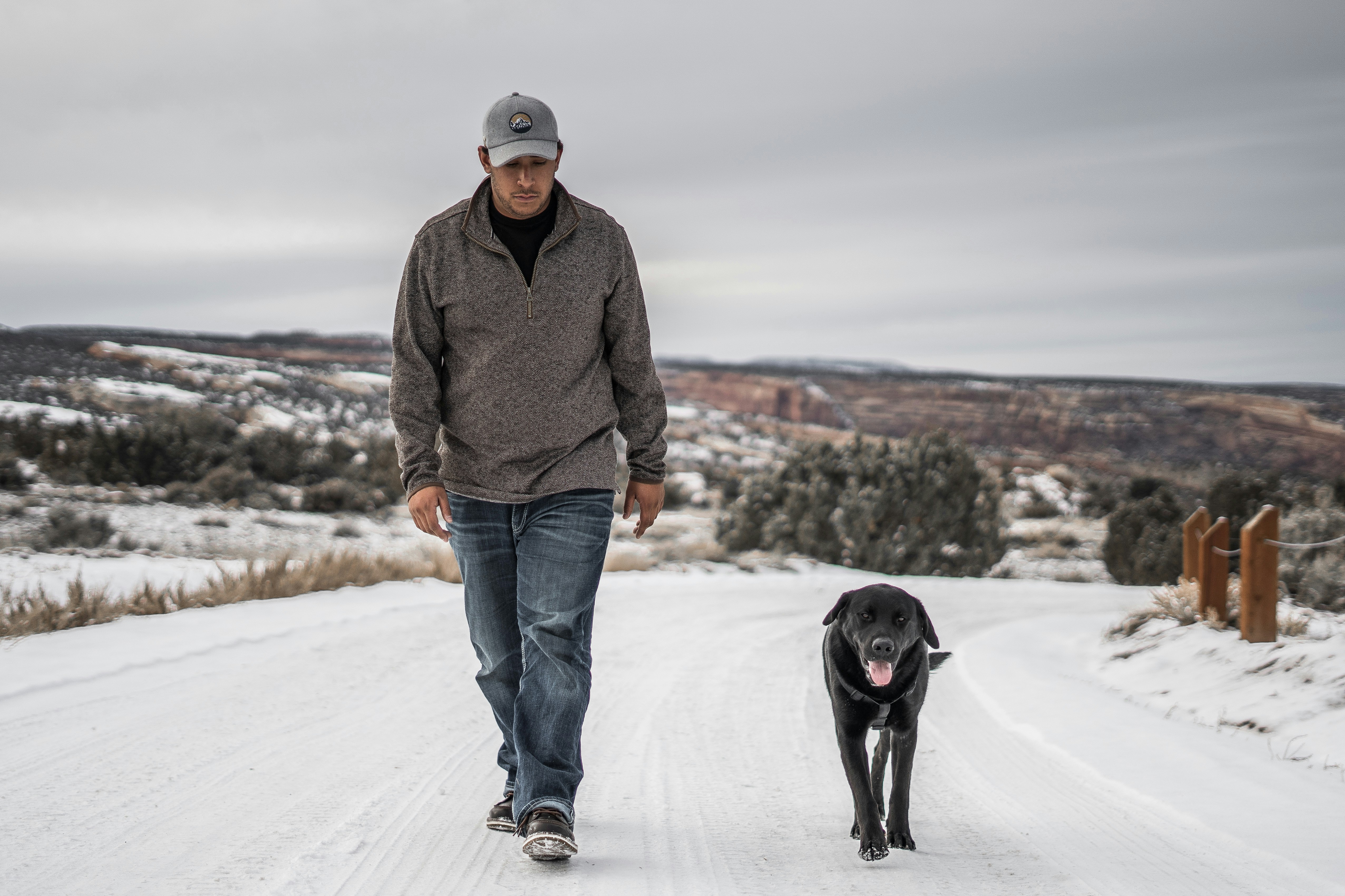 man walking beside black dog during daytime