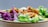 A colorful and appetizing salad bowl features a variety of fresh ingredients including purple cabbage, leafy greens, grilled chicken, and corn. The vibrant mix of colors and textures creates an inviting and healthy dish.