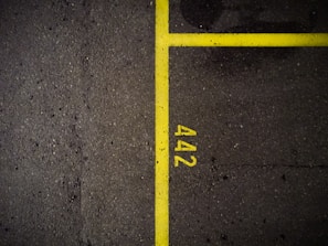 A dark asphalt surface is divided by bright yellow lines, with the number '442' marked beside the lines. The texture of the asphalt is rough and contains small pebbles and imperfections.