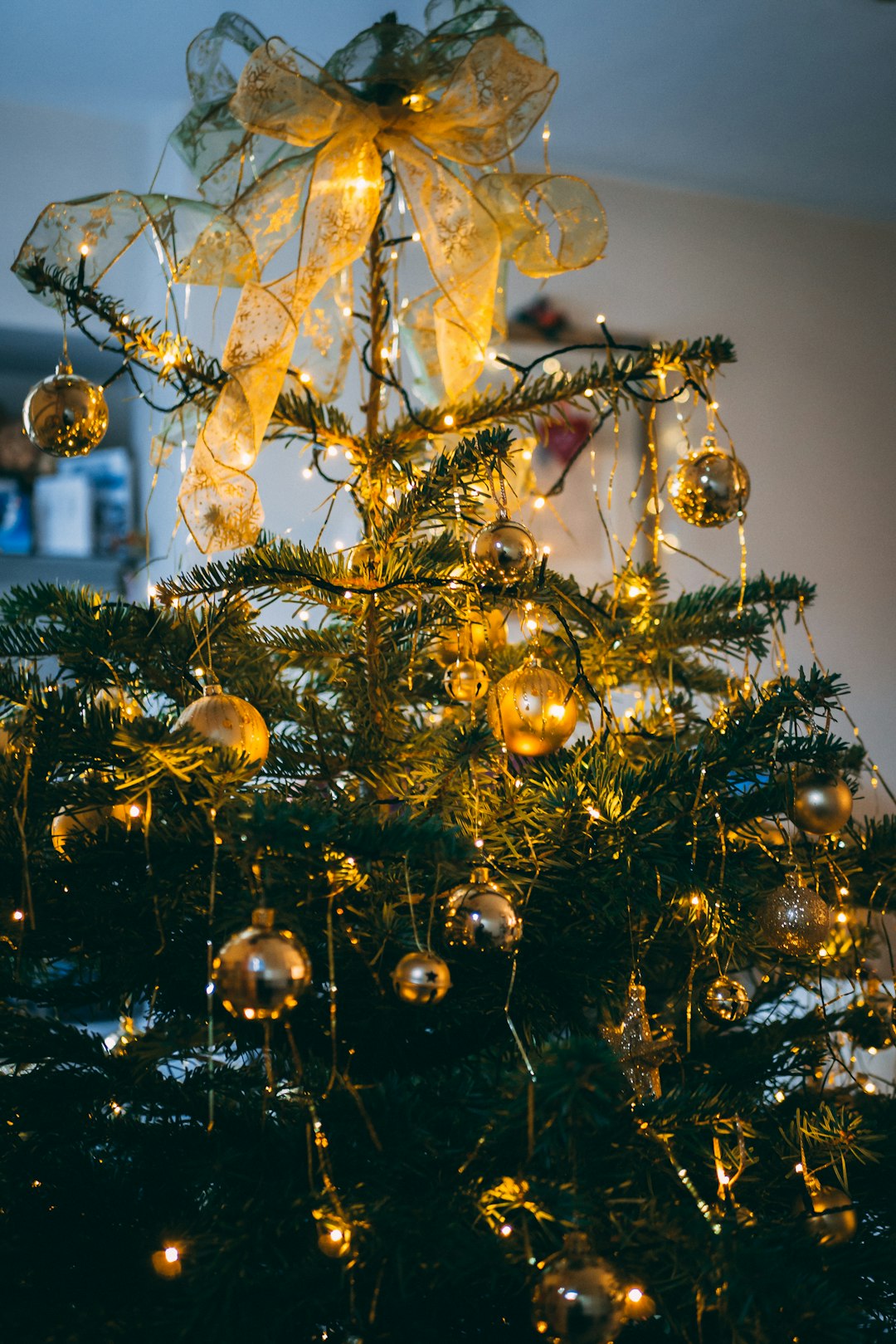 green Christmas tree with brownbaubles