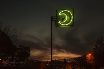A calm evening scene with a glowing neon sign of a dollar symbol against dark cityscape.