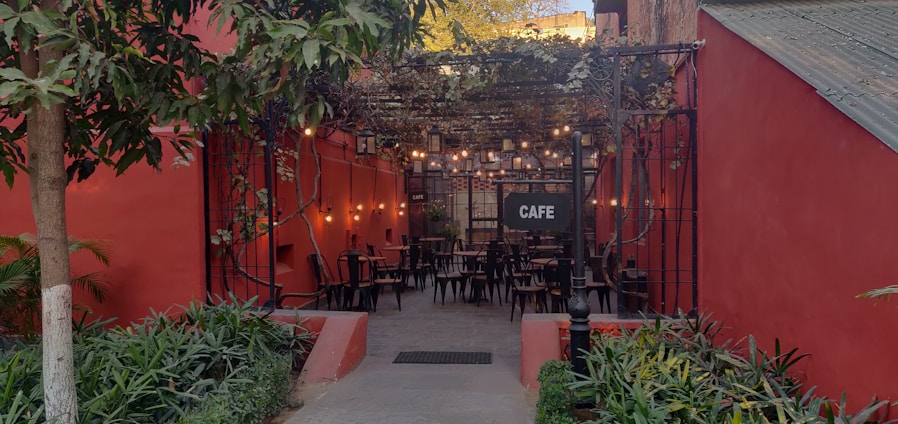 An outdoor cafe with red walls and a cozy atmosphere. The seating area features multiple black chairs and tables under a canopy of vines, with string lights adding a warm glow. Surrounding the entrance are green plants and a pathway leading inside.