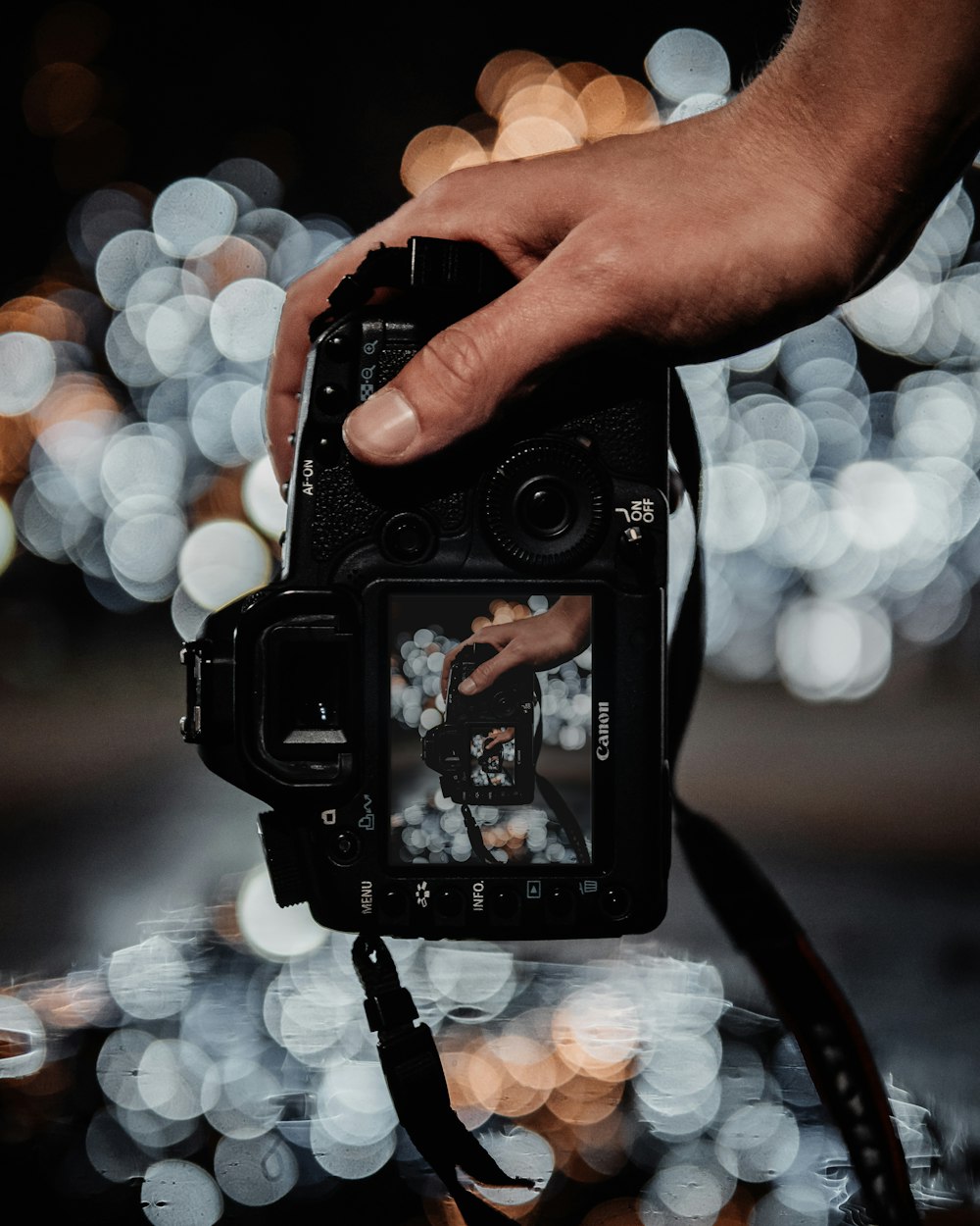 person holding DSLR camera while shooting white bokeh light