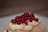 A dessert featuring a sponge cake roll topped with a layer of white cream and garnished with fresh red currants. The cake appears to have a light dusting of powdered sugar and crushed nuts on top.