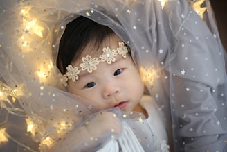 An infant wearing a delicate, flower-patterned headband lies surrounded by a sheer, star-patterned fabric illuminated by soft, warm lights, enhancing a gentle and serene ambiance.