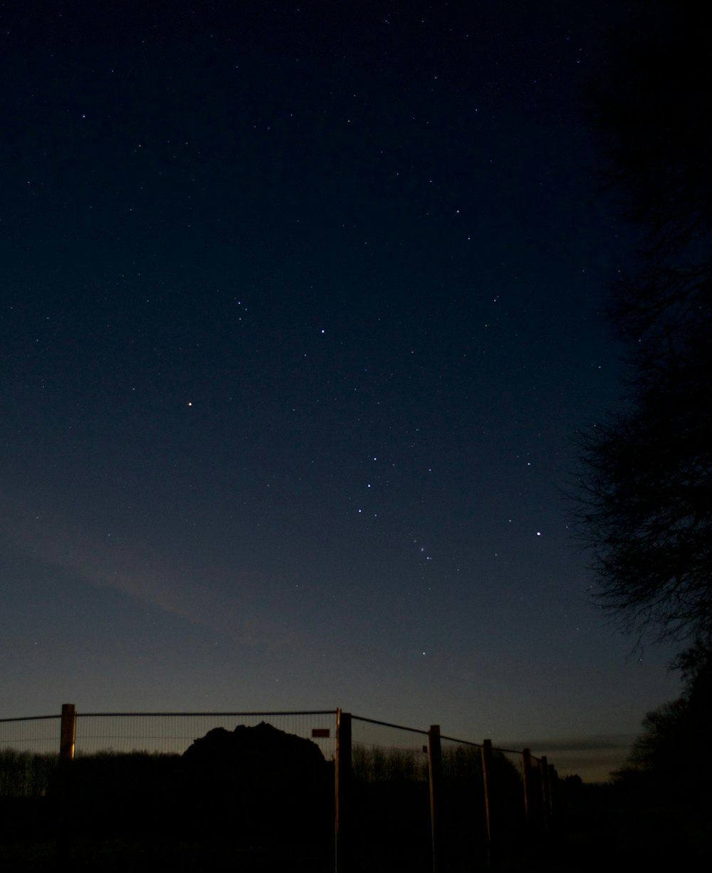 the night sky with stars above a fence