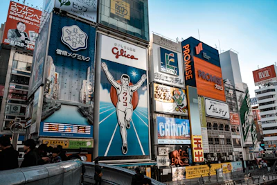 The illuminated billboards of Dotonbori in Osaka, including the Glico running man
