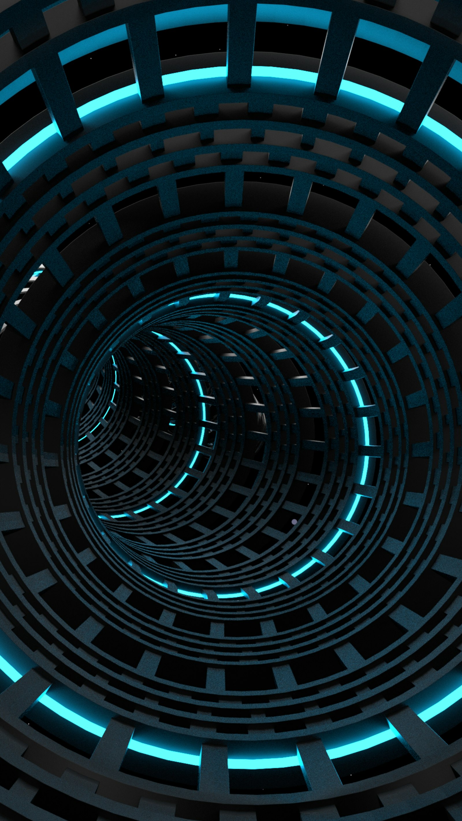 A dark cylindrical tunnel with repeating geometric rings and glowing blue light strips