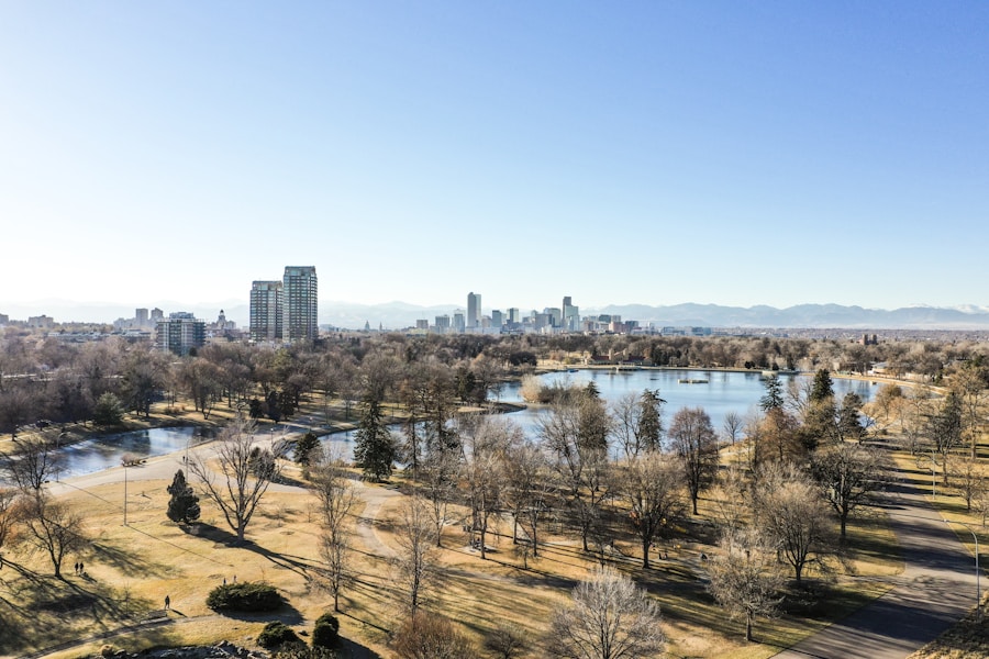 Aerial view of Denver urban development meeting natural wildlife habitat