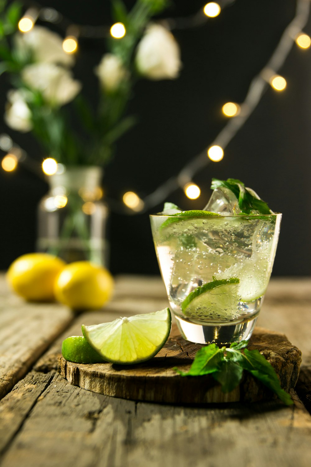 lime beverage on wooden board