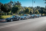 A fleet of clean rental cars lined up in a parking lot
