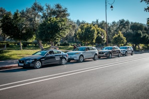 Wide shot of a variety of cars lined up outside the inspection center on a sunny day