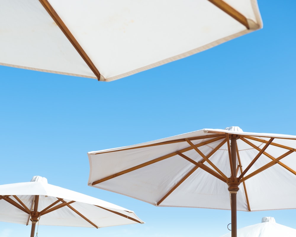 three brown-and-white patio umbrella under blue sky during daytime