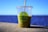 A transparent plastic cup with a green smoothie and a straw, placed on a ledge with a body of water and a clear blue sky in the background. The cup is labeled 'Green Cup Organic Cafe'.