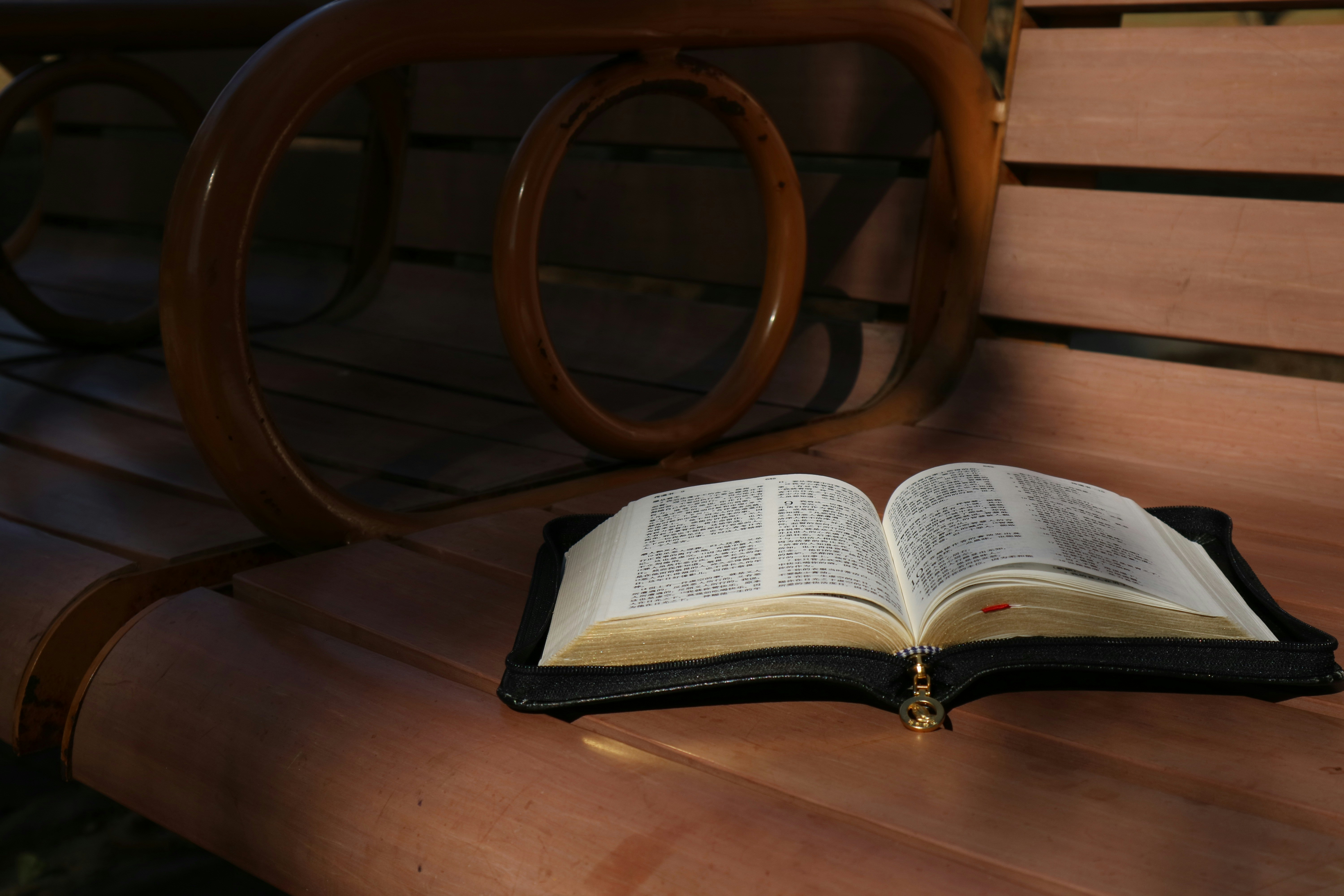 Open Bible on wooden table, warm golden morning sunlight, peaceful devotional atmosphere
