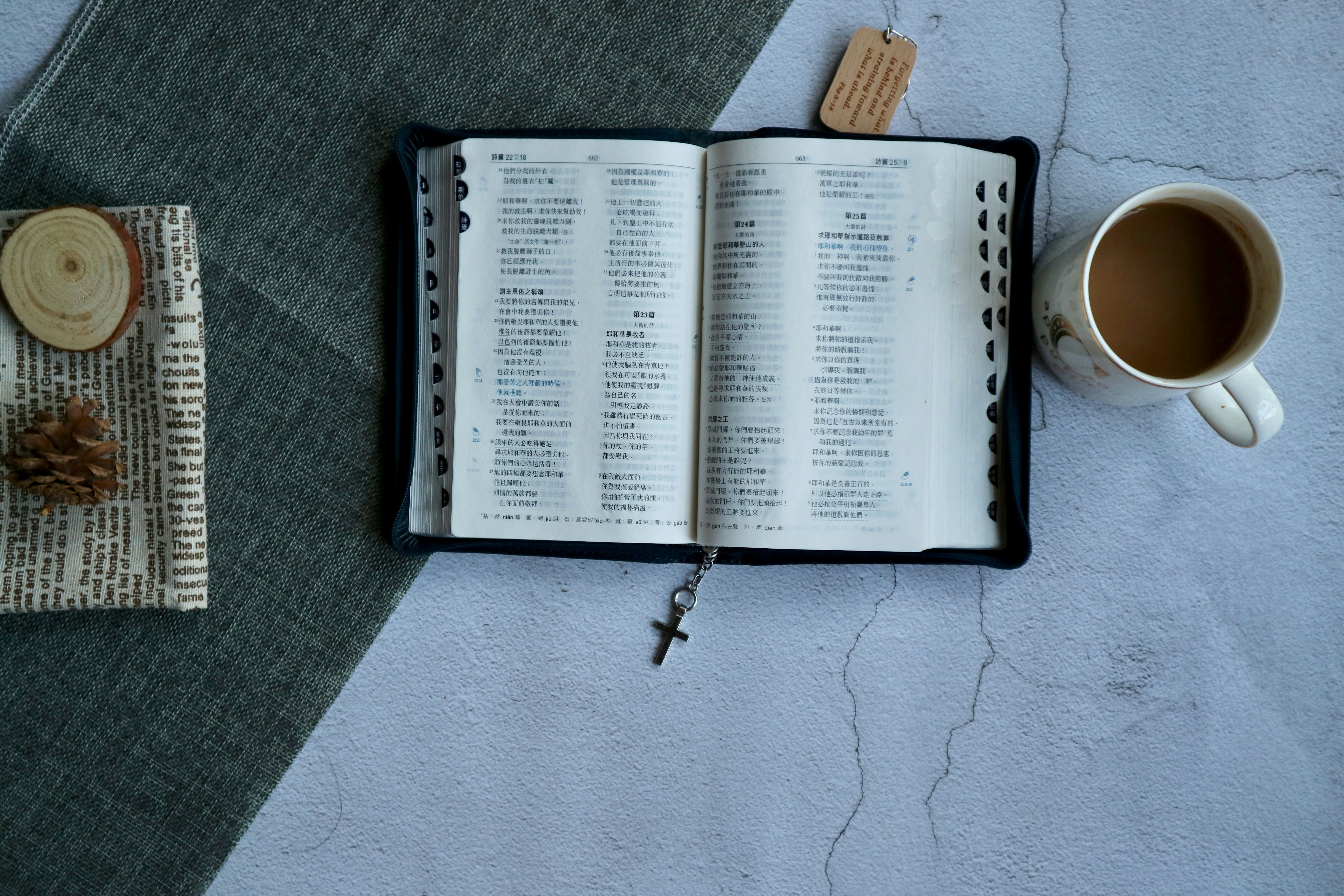opened book page beside ceramic mug