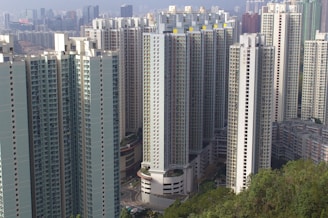 A cluster of tall, modern high-rise residential buildings in an urban setting. The buildings feature a vertical architectural style with numerous windows and balconies. In the foreground, there is a patch of greenery, and in the background, more high-rises and the cityscape are visible under a cloudy sky.