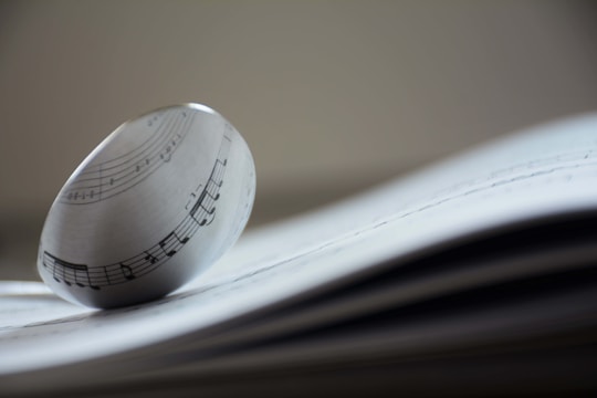 A glass orb sits on top of an open music sheet, distorting the musical notes through its lens-like surface. The focus is on the orb and the music notes visible through it, creating an artistic and abstract representation of music.