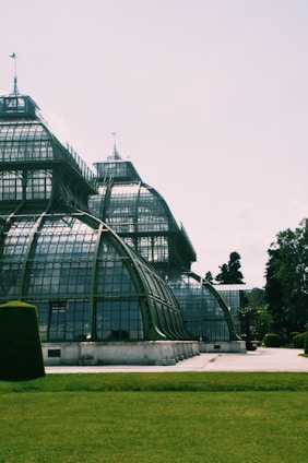 An intricate glass and metal greenhouse structure stands prominently, reflecting light and casting shadows. The surrounding area includes neatly trimmed grass and some trees, suggesting a garden or park setting. The architectural detail of the greenhouse includes curves and a combination of opaque and transparent panes.