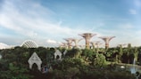 A lush garden landscape featuring large, tree-like structures with intricate lattice designs towering over the greenery. There are futuristic, dome-like conservatories in the background, and a clear blue sky overhead adds to the serene setting.