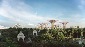 A serene Dubai garden with lush greenery and smart irrigation systems under a clear sky.