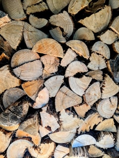 A stack of wooden logs cut into cylindrical shapes, showcasing the circular patterns of tree rings. The logs vary in size and are tightly packed together, revealing a natural texture and earthy tones.