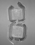 A torn or broken paper or cardboard packaging material, lying flat against a neutral background. The structure of the material suggests it was originally a container or box, with segments that have been ripped at various points. The surface has visible texture indicating it is likely made from a fibrous or recycled material.