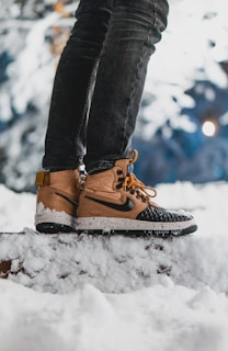 Warm winter boots set against a snowy background.