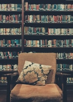 A cozy library setting featuring a cushioned armchair with a decorative pillow placed in front of bookshelves filled with various books. The shelves are packed with colorful book spines, creating a warm and inviting atmosphere.