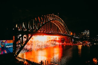 Sydney Harbour Bridge lit up at night with network cables and wireless signals overlay.