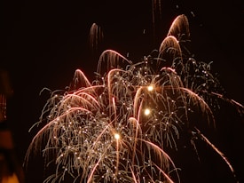 Exploding fireworks light up the night sky with bright trails and sparkles of red and white. The bursts form intricate patterns against the dark backdrop, creating a dazzling visual display.