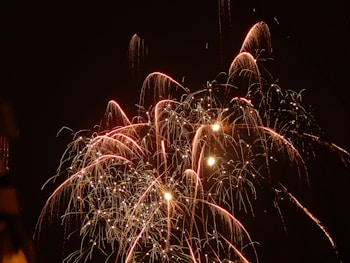 Exploding fireworks light up the night sky with bright trails and sparkles of red and white. The bursts form intricate patterns against the dark backdrop, creating a dazzling visual display.