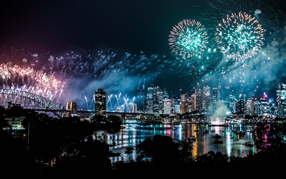 bird's-eye view photography of fireworks above city