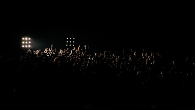 Crowd cheering wildly in a dark arena illuminated by a glowing marquee.