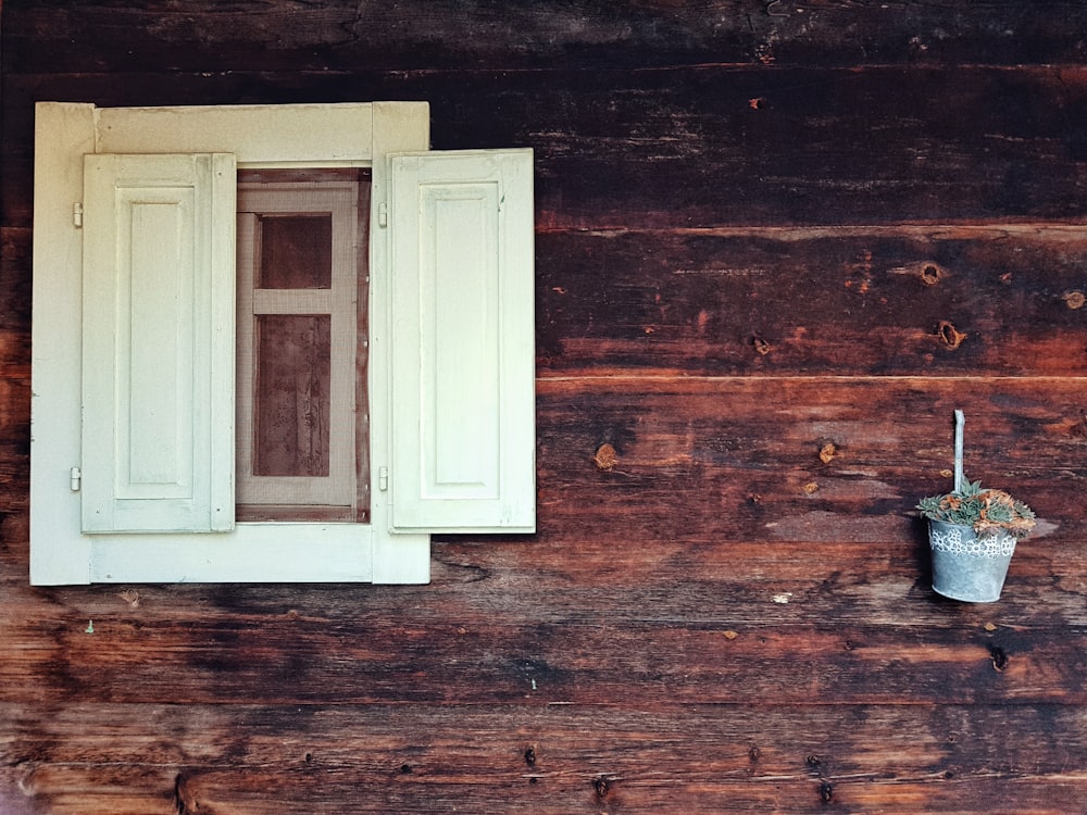 white wooden window beside bucket of flowers on wall