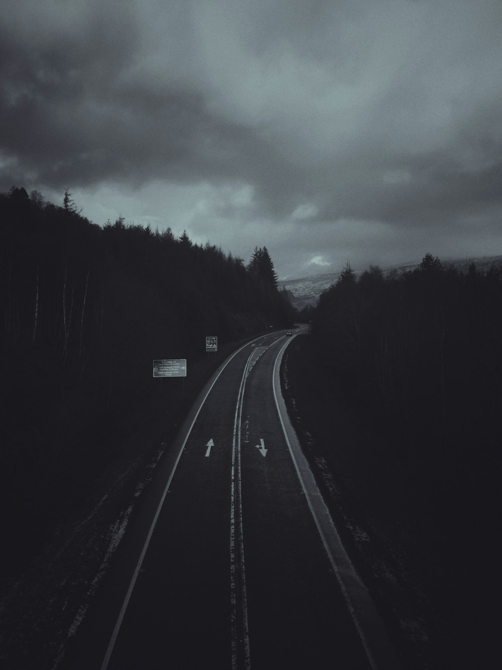 grayscale photography empty roadway between trees