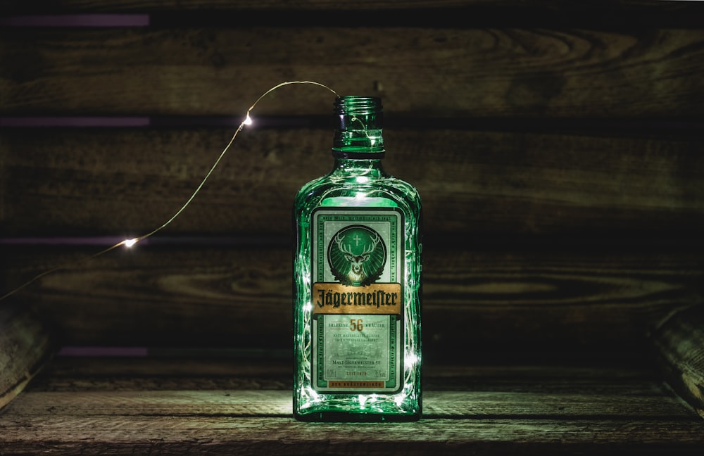 string lights in Jagermeister glass bottle