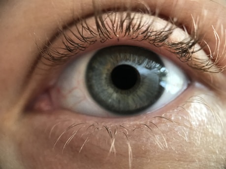 A close-up image of a human eye with detailed focus on the iris and eyelashes. The iris is a complex mix of green and gray tones, surrounded by detailed fibrous textures. The eyelashes are prominently captured, showcasing their curvature and natural alignment.