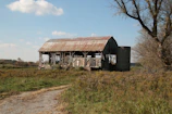 A team clearing out an old barn filled with debris under a bright sky.