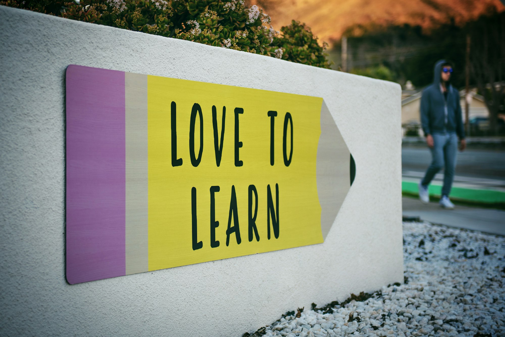 a pencil-shaped diagram reading "love to learn" on a concrete wall